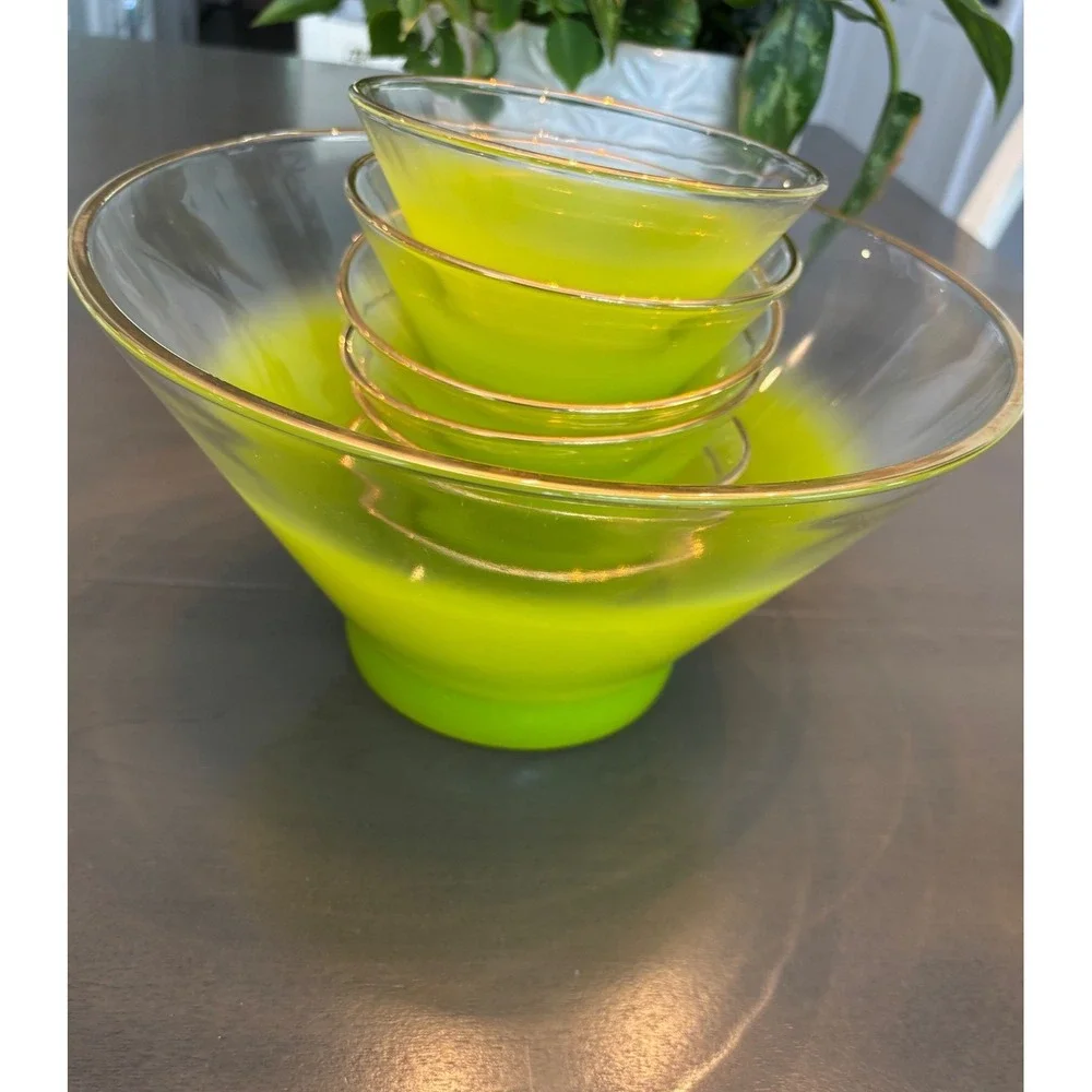 Vintage Mid Century Modern Chartreuse Green Frosted Gold Rim Bowl Set 7pc Rare